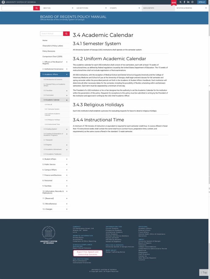 Webpage from the University System of Georgia's Board of Regents Policy Manual showing academic calendar policies.